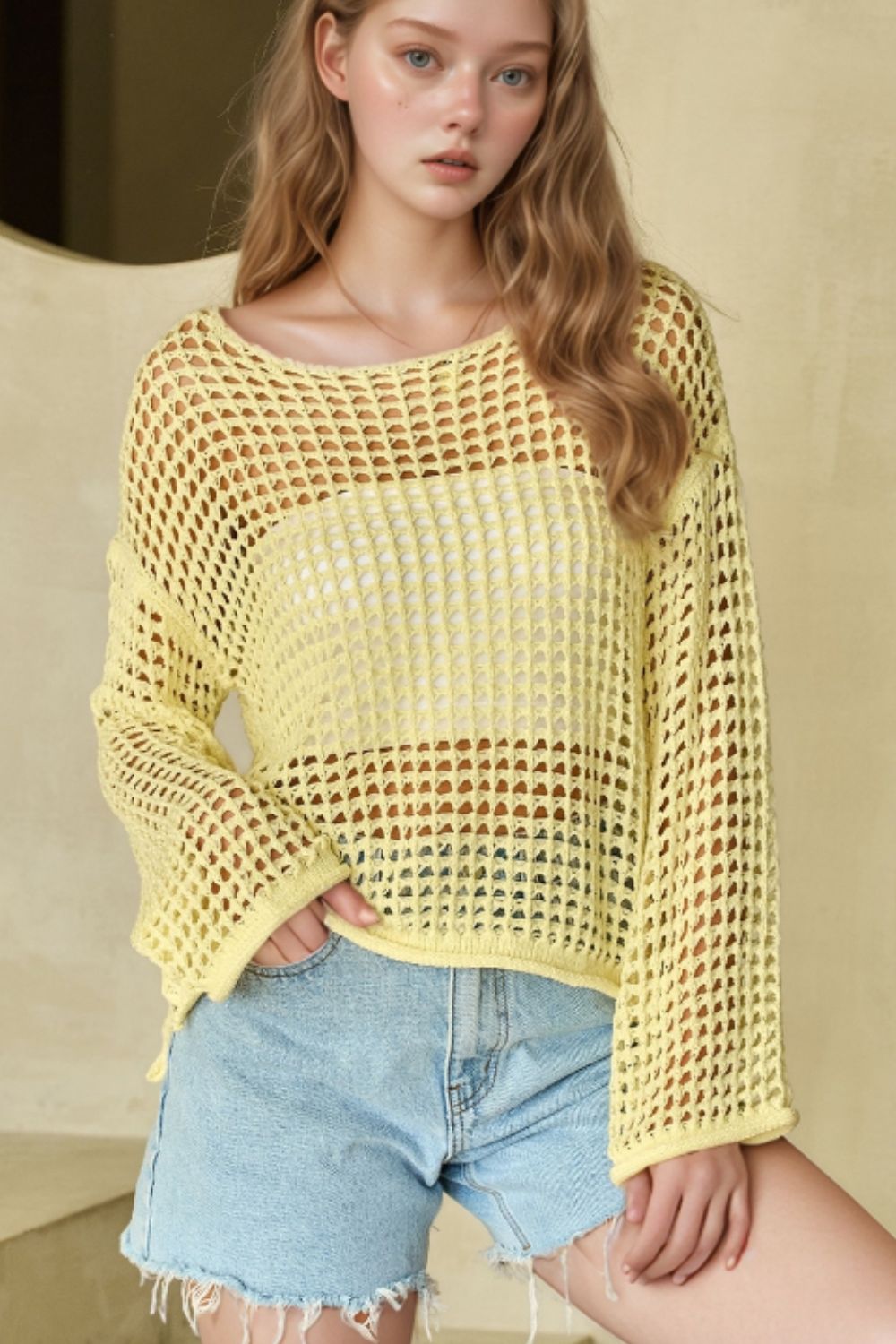 Openwork Round Neck Dropped Shoulder Knit Cover Up - Charming Charlie