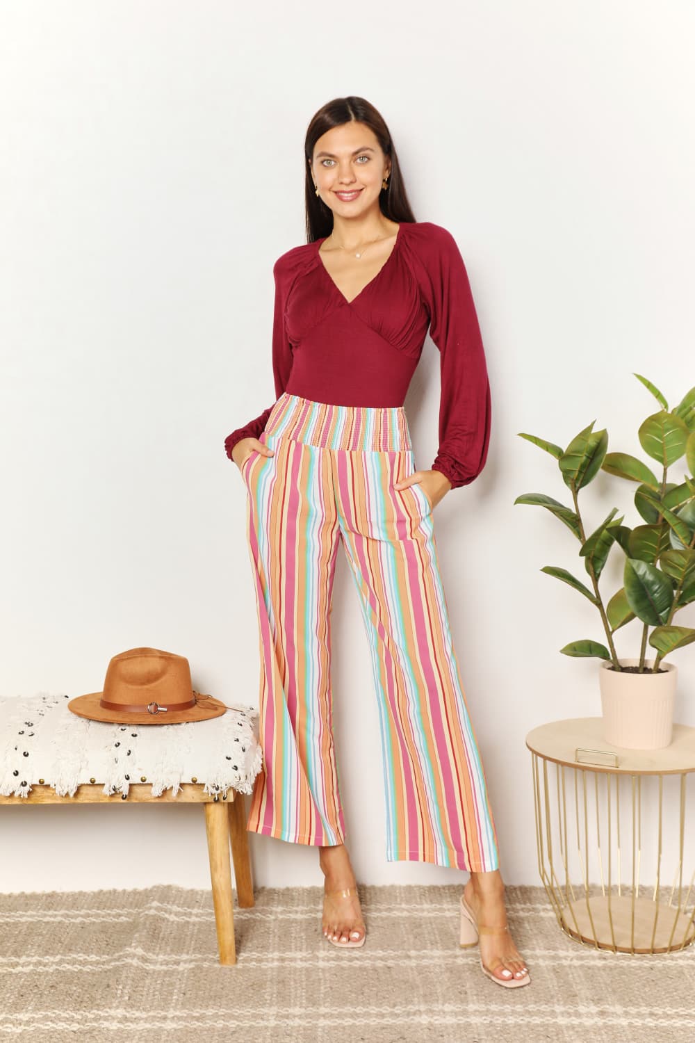 Double Take Striped Smocked Waist Pants with Pockets - Charming Charlie