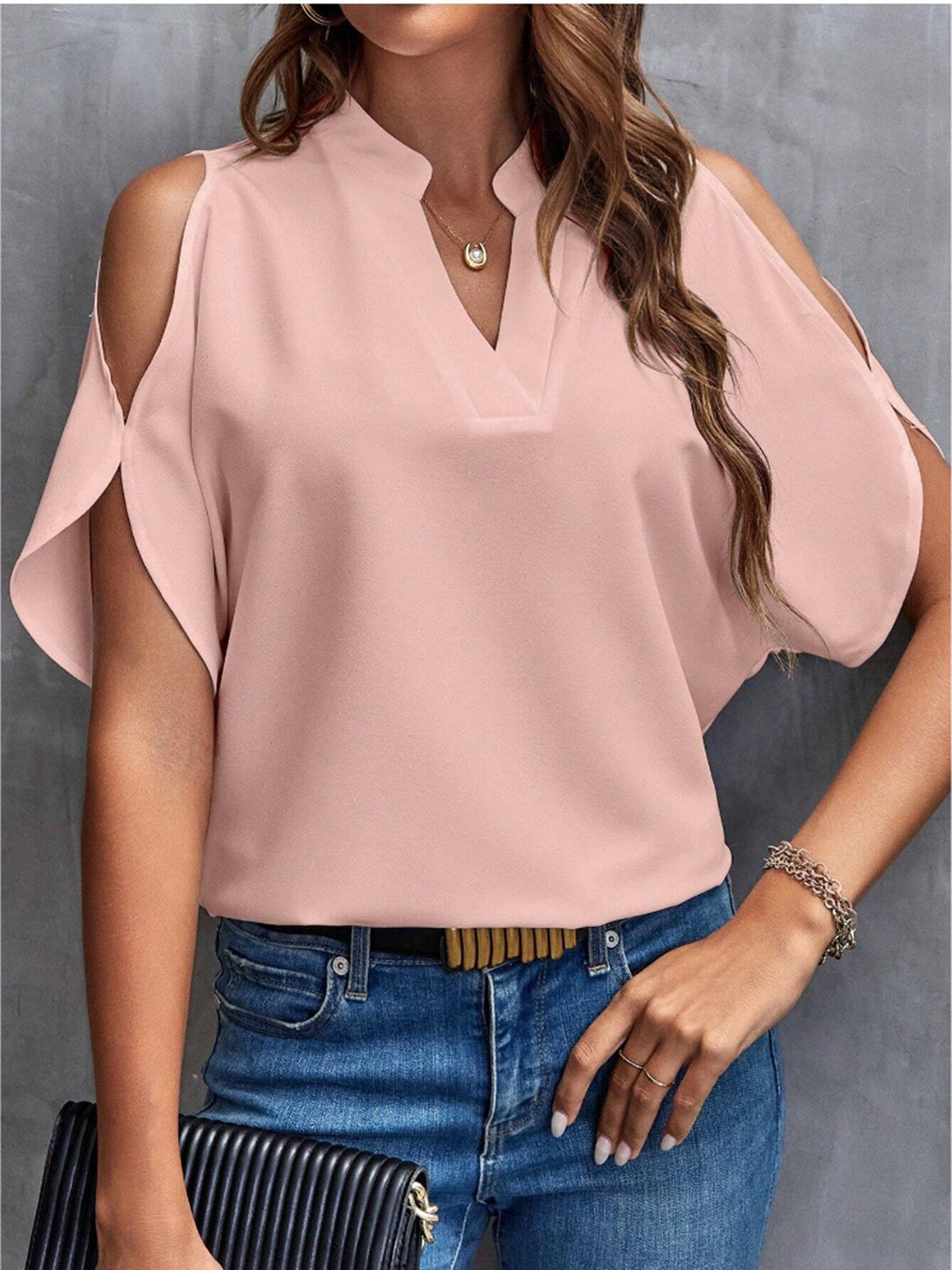 Notched Cold Shoulder Half Sleeve Blouse - Charming Charlie