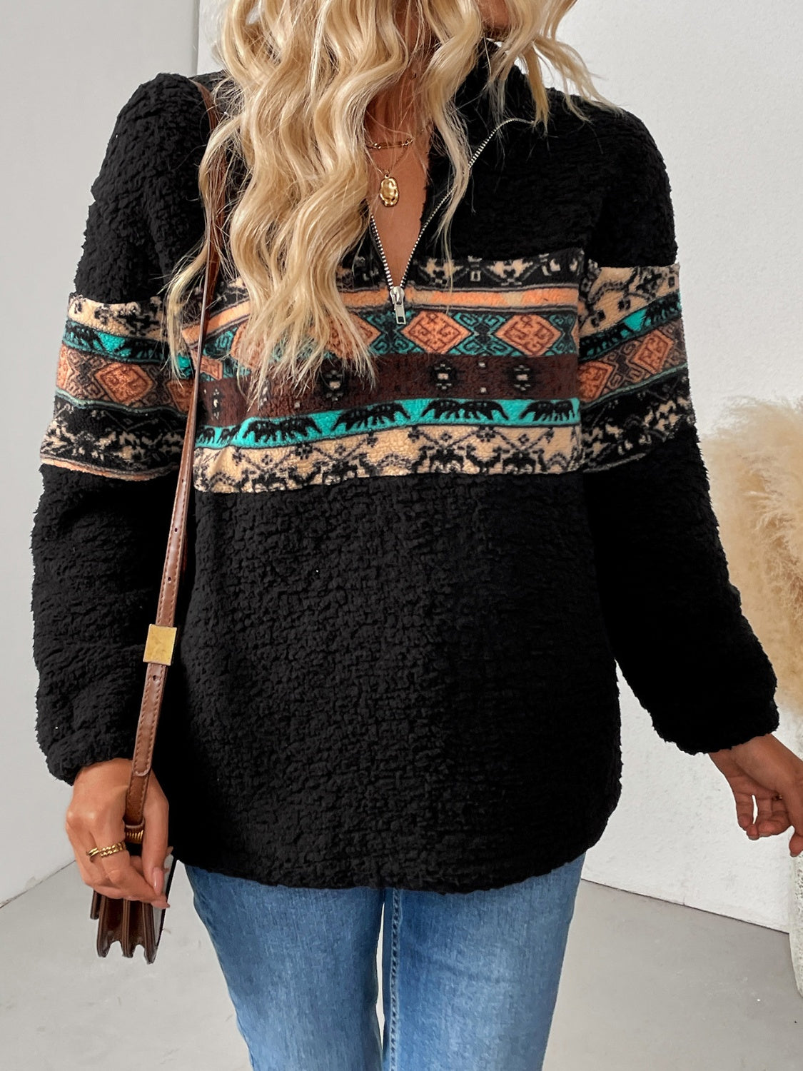 Quarter Zip Geometric Long Sleeve Sweatshirt - Charming Charlie