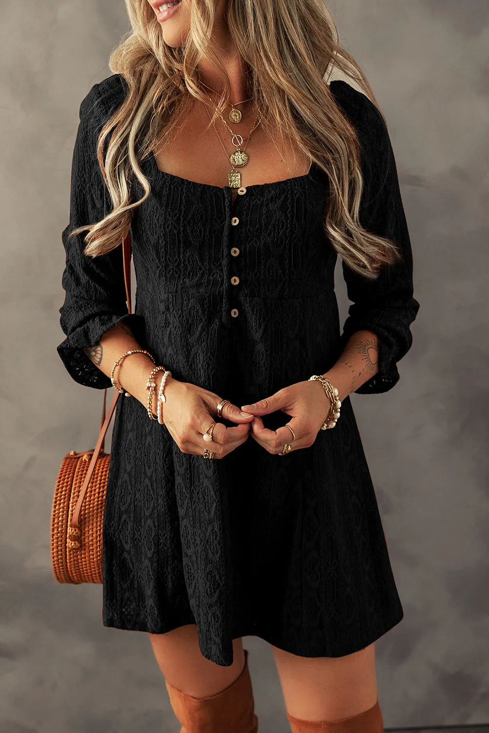 Textured Square Neck Mini Dress - Charming Charlie