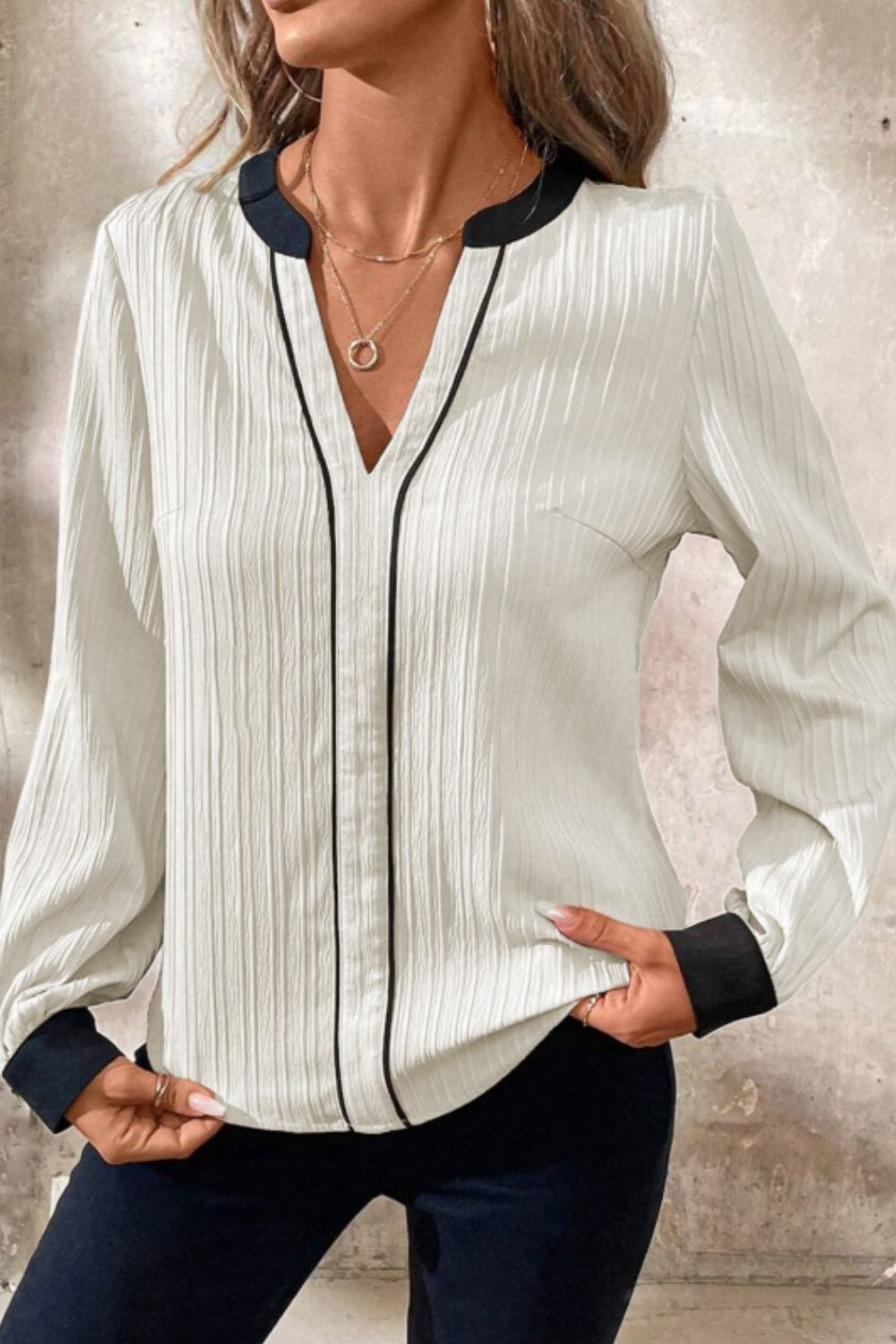 Contrast Notched Long Sleeve Blouse - Charming Charlie