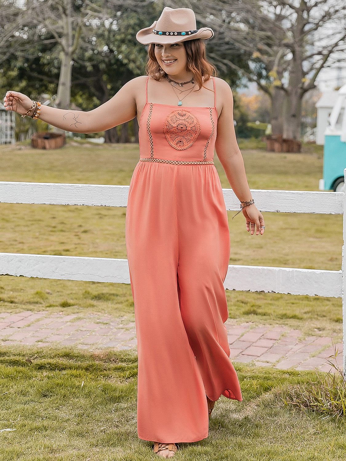 Plus Size Lace Detail Spaghetti Strap Wide Leg Jumpsuit - Charming Charlie