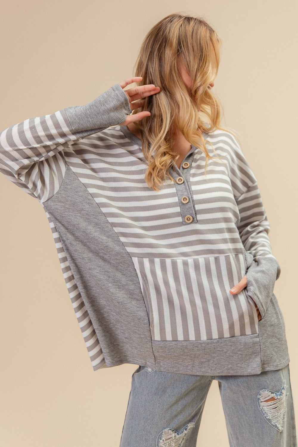 BiBi Striped Thumbhole Long Sleeve Top - Charming Charlie