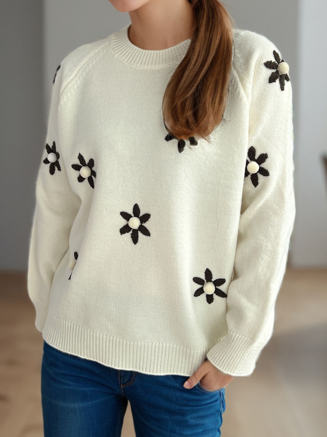 Flower Round Neck Raglan Sleeve Sweater - Charming Charlie