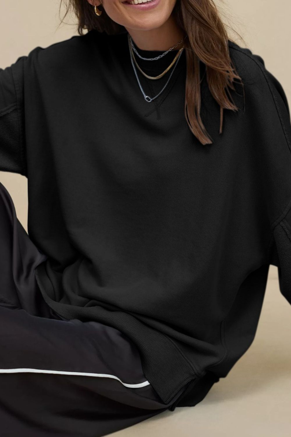 Side Slit Round Neck Long Sleeve Sweatshirt - Charming Charlie