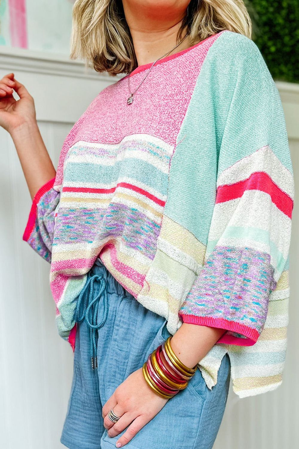 Contrast Round Neck Three-Quarter Sleeve Knit Top - Charming Charlie