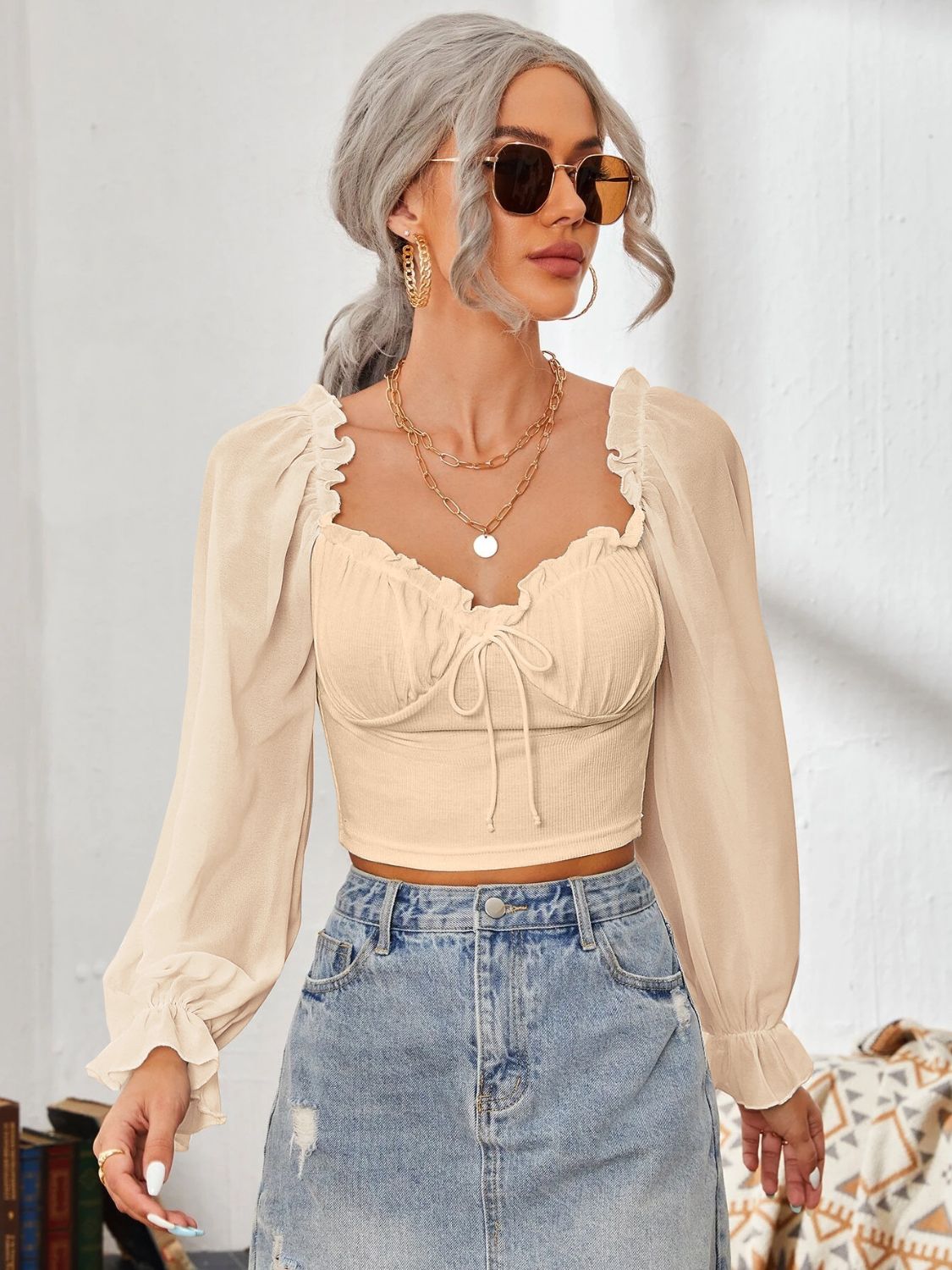 Mesh Sweetheart Neck Flounce Sleeve Top - Charming Charlie