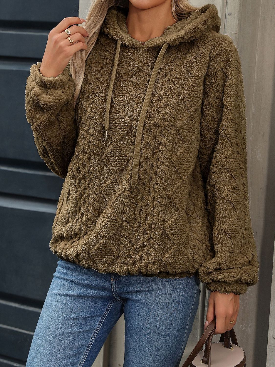 Drawstring Long Sleeve Plush Hoodie - Charming Charlie