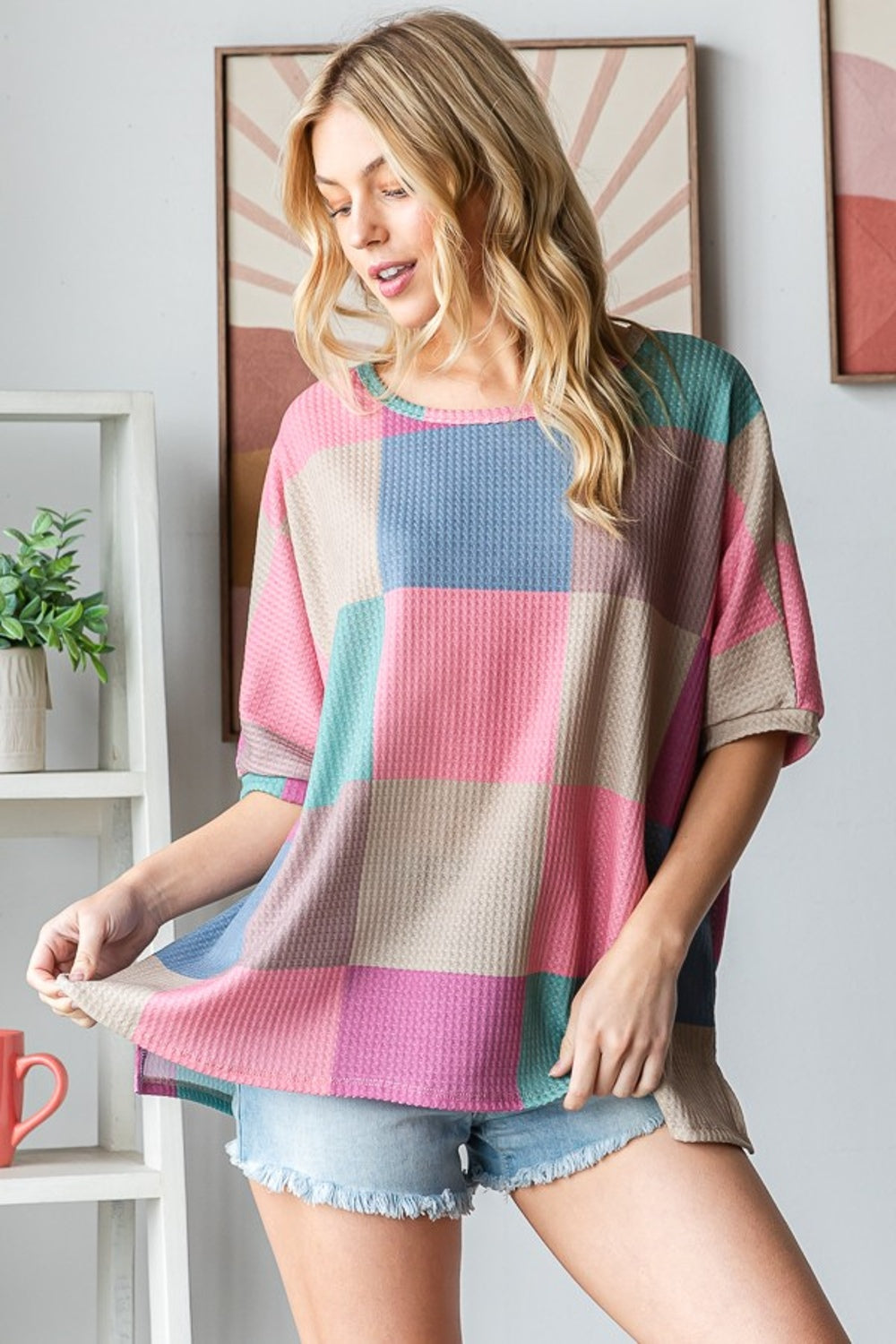 HOPELY Full Size Checkered Round Neck Side Slit T-Shirt - Charming Charlie