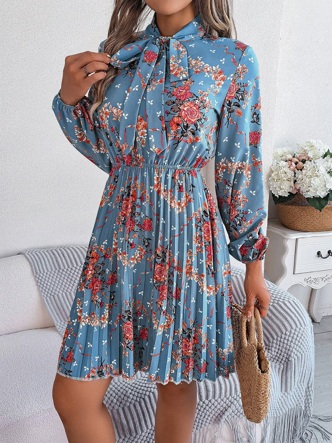 Pleated Printed Tie Neck Long Sleeve Dress - Charming Charlie