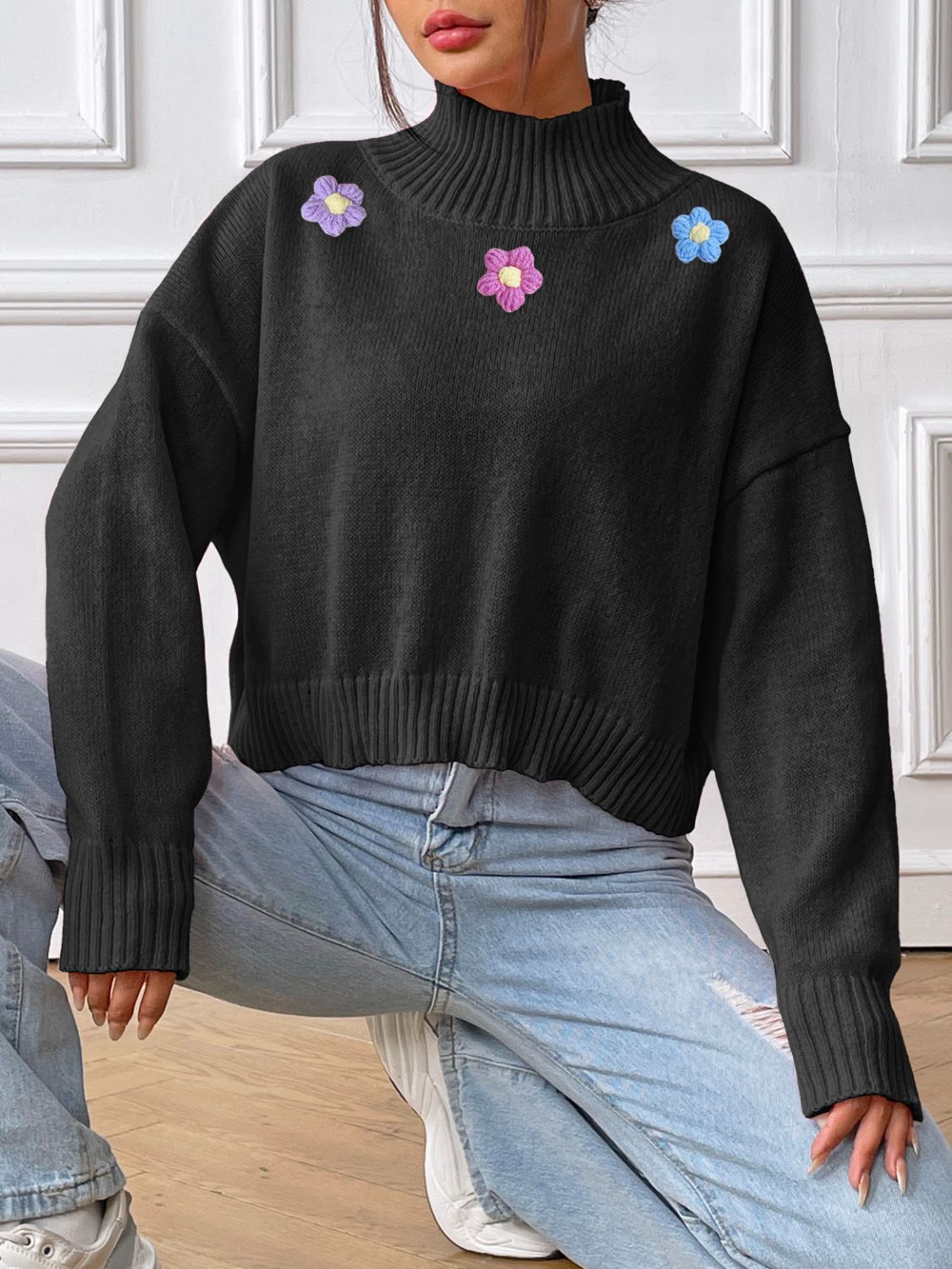 Flower Turtleneck Long Sleeve Sweater - Charming Charlie