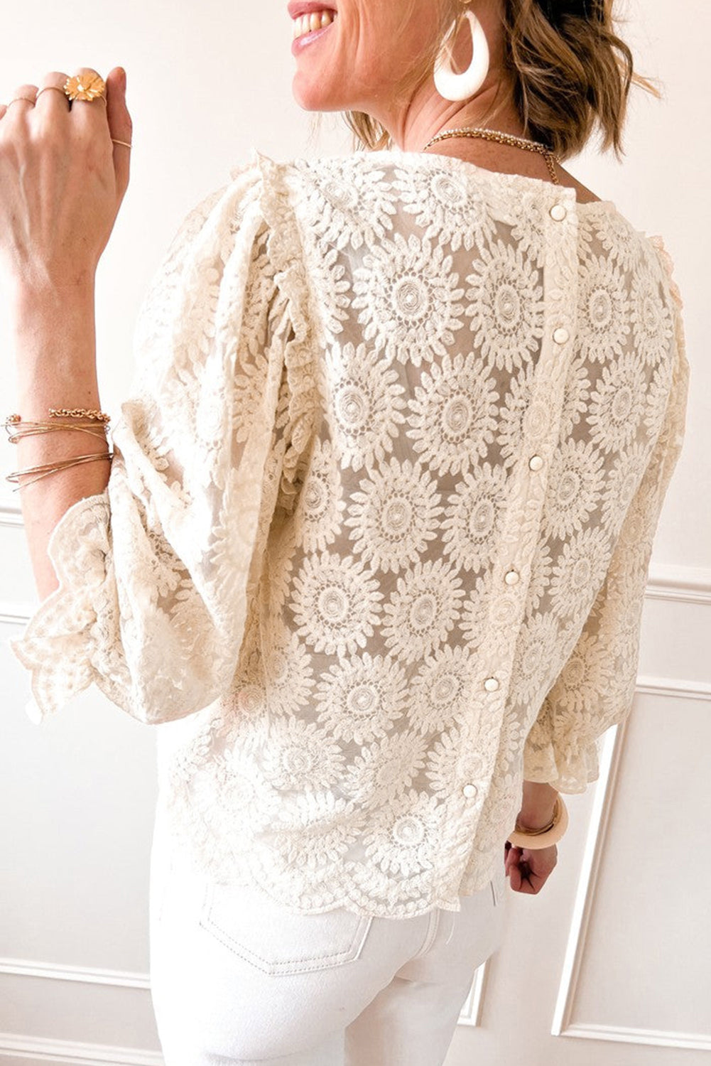 Flower Jacquard Flounce Sleeve Blouse - Charming Charlie