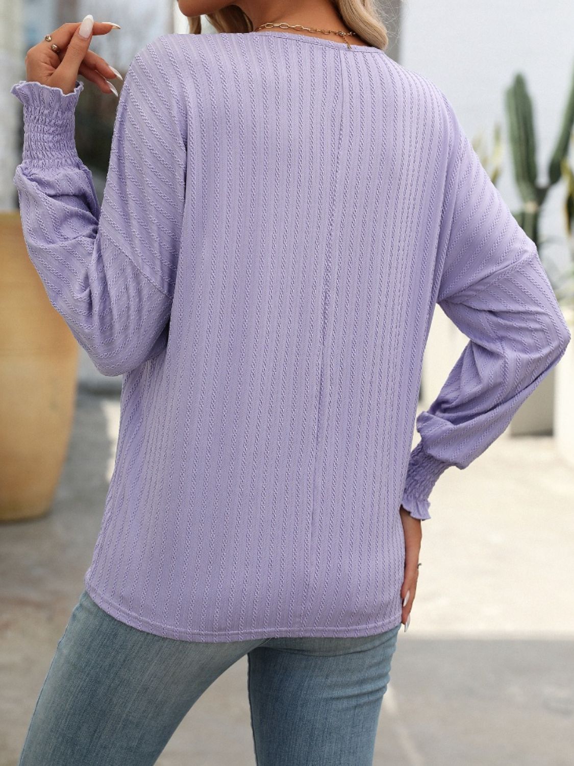 Textured Notched Lantern Sleeve T-Shirt - Charming Charlie
