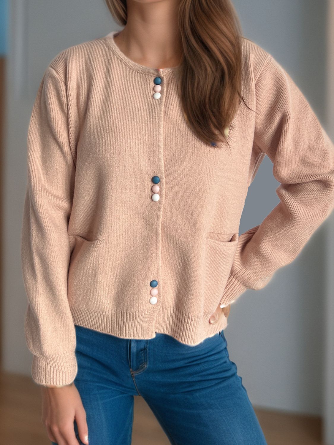 Button Down Long Sleeve Cardigan with Pockets - Charming Charlie