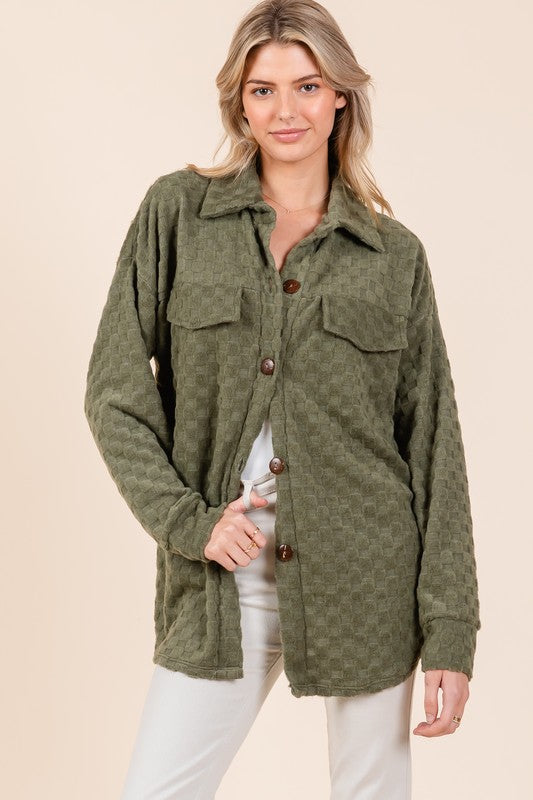 BOMBOM Checkered Button Down Dropped Shoulder Shacket - Charming Charlie