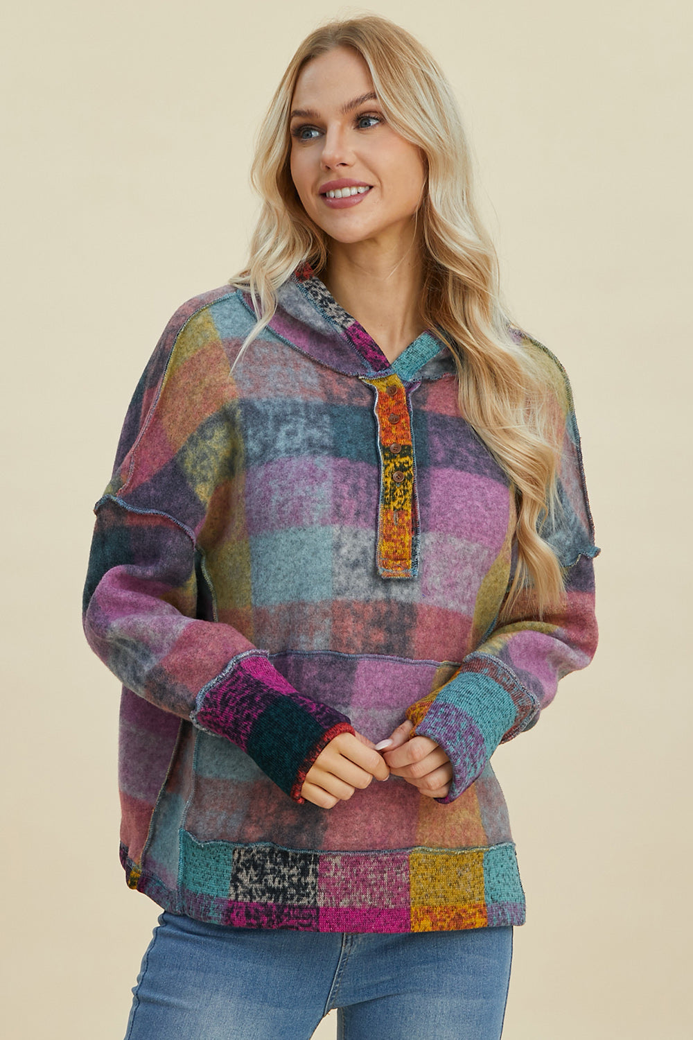 Double Take Full Size Plaid Dropped Shoulder Fleece Hoodie - Charming Charlie
