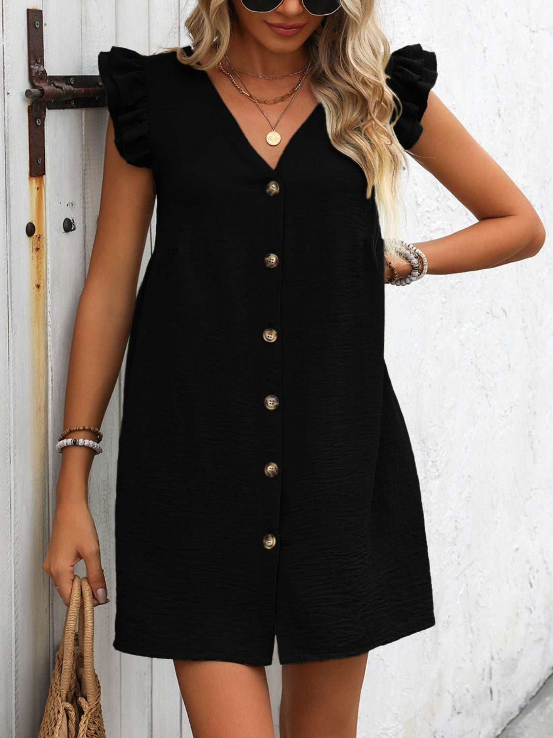 Button Up V-Neck Cap Sleeve Mini Dress - Charming Charlie