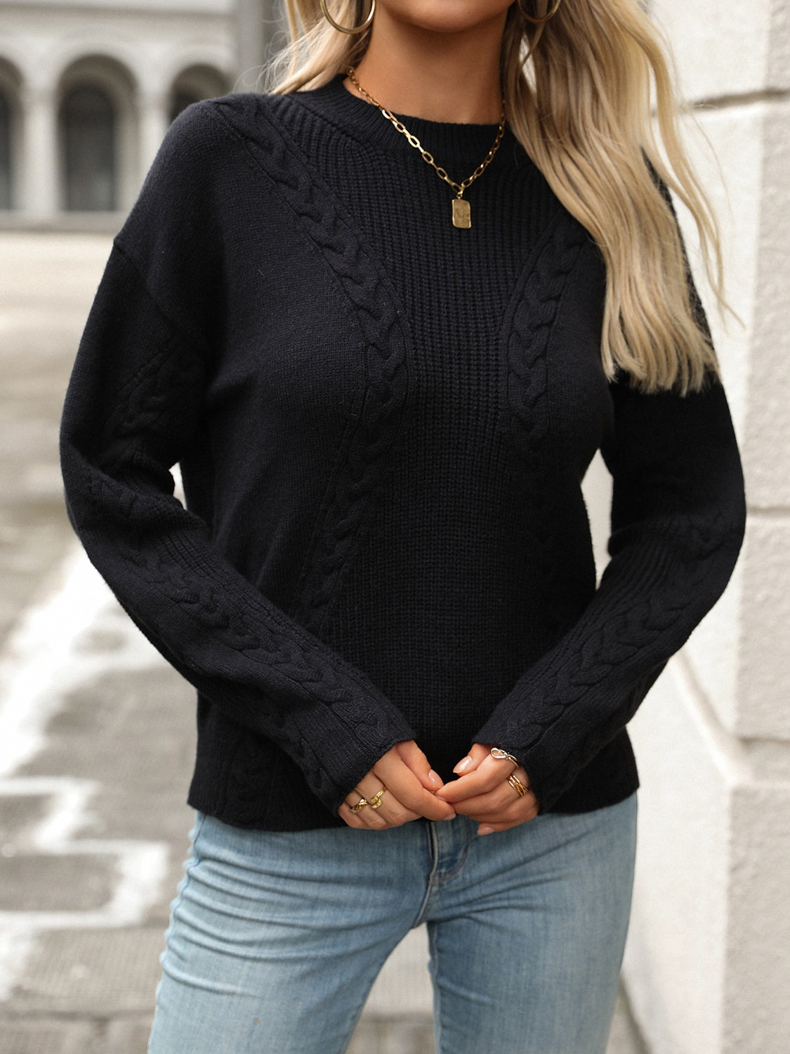 Cable-Knit Round Neck Long Sleeve Sweater - Charming Charlie