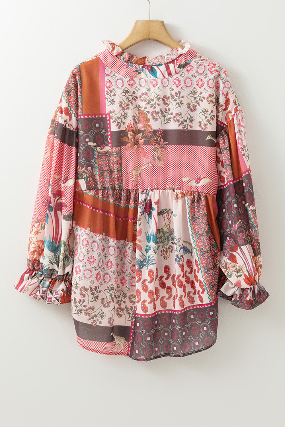 Patchwork Printed Notched Flounce Sleeve Shirt - Charming Charlie
