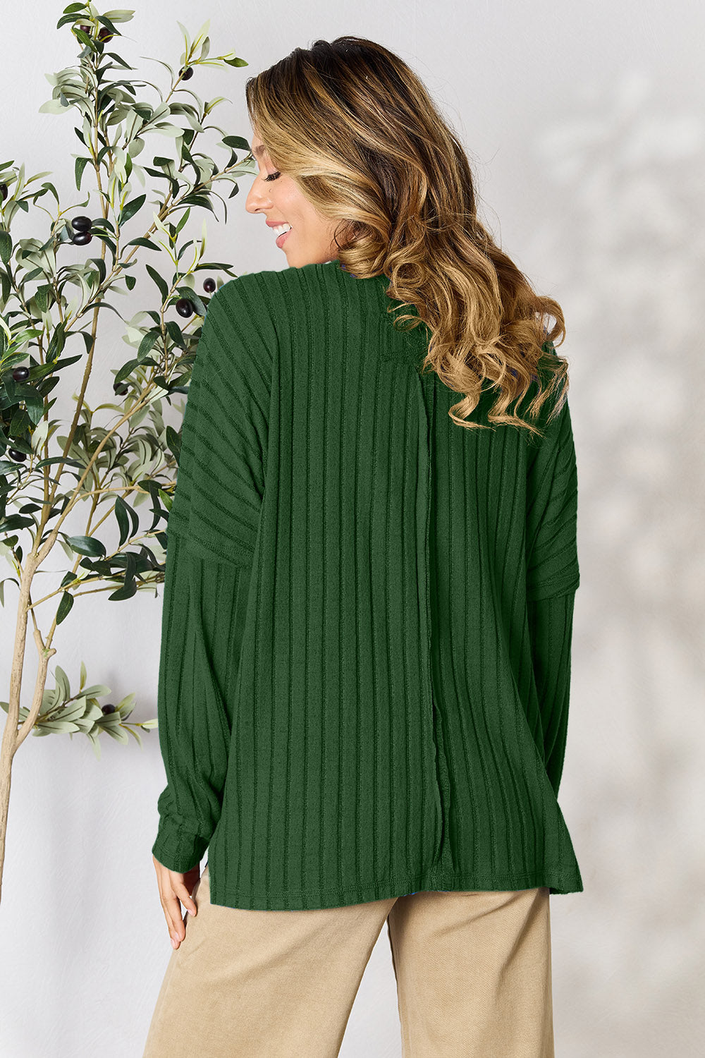 Basic Bae Full Size Ribbed Round Neck Slit Knit Top - Charming Charlie