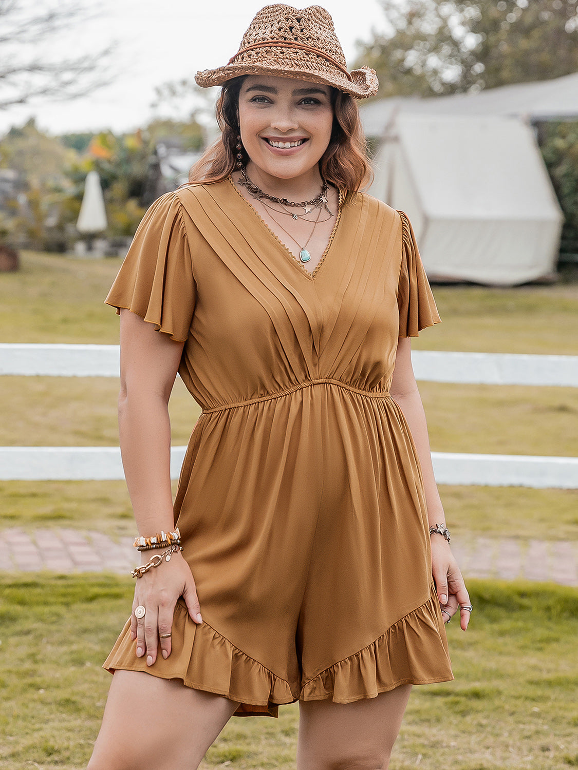 Plus Size Ruffled V-Neck Short Sleeve Romper - Charming Charlie