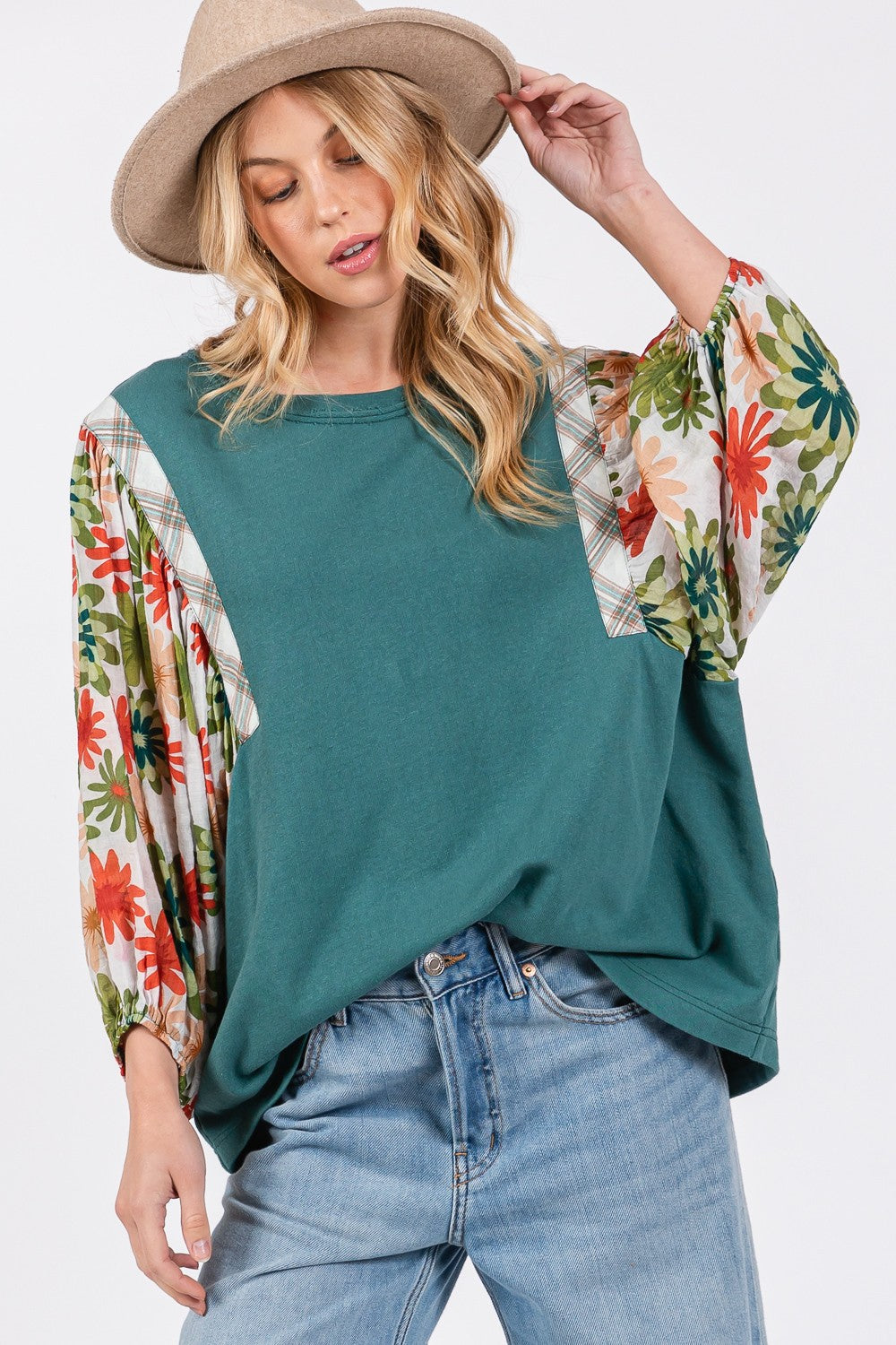 SAGE + FIG Full Size Printed Balloon Sleeve Contrast Top - Charming Charlie