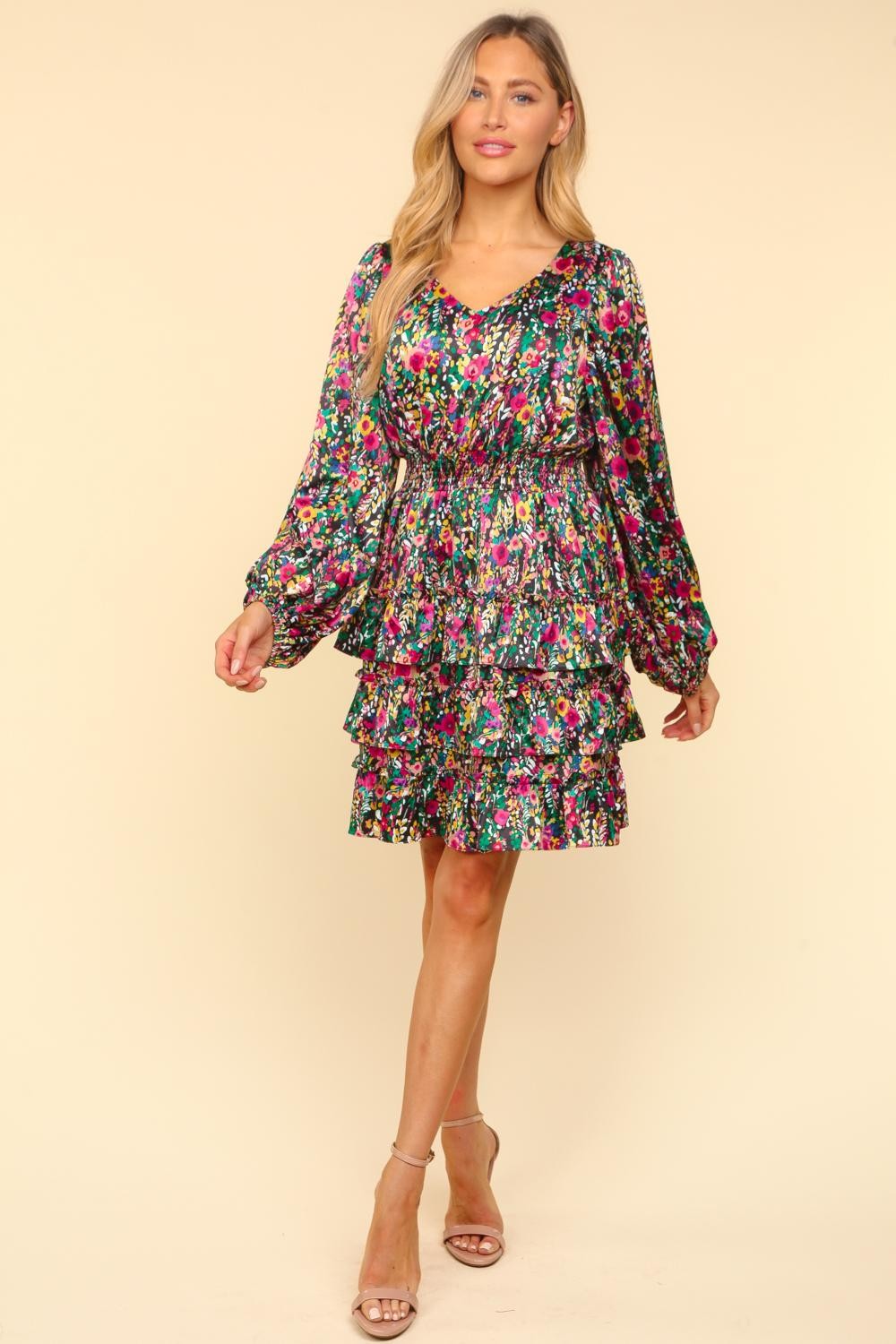 Haptics V-Neck Satin Floral Layered Dress - Charming Charlie