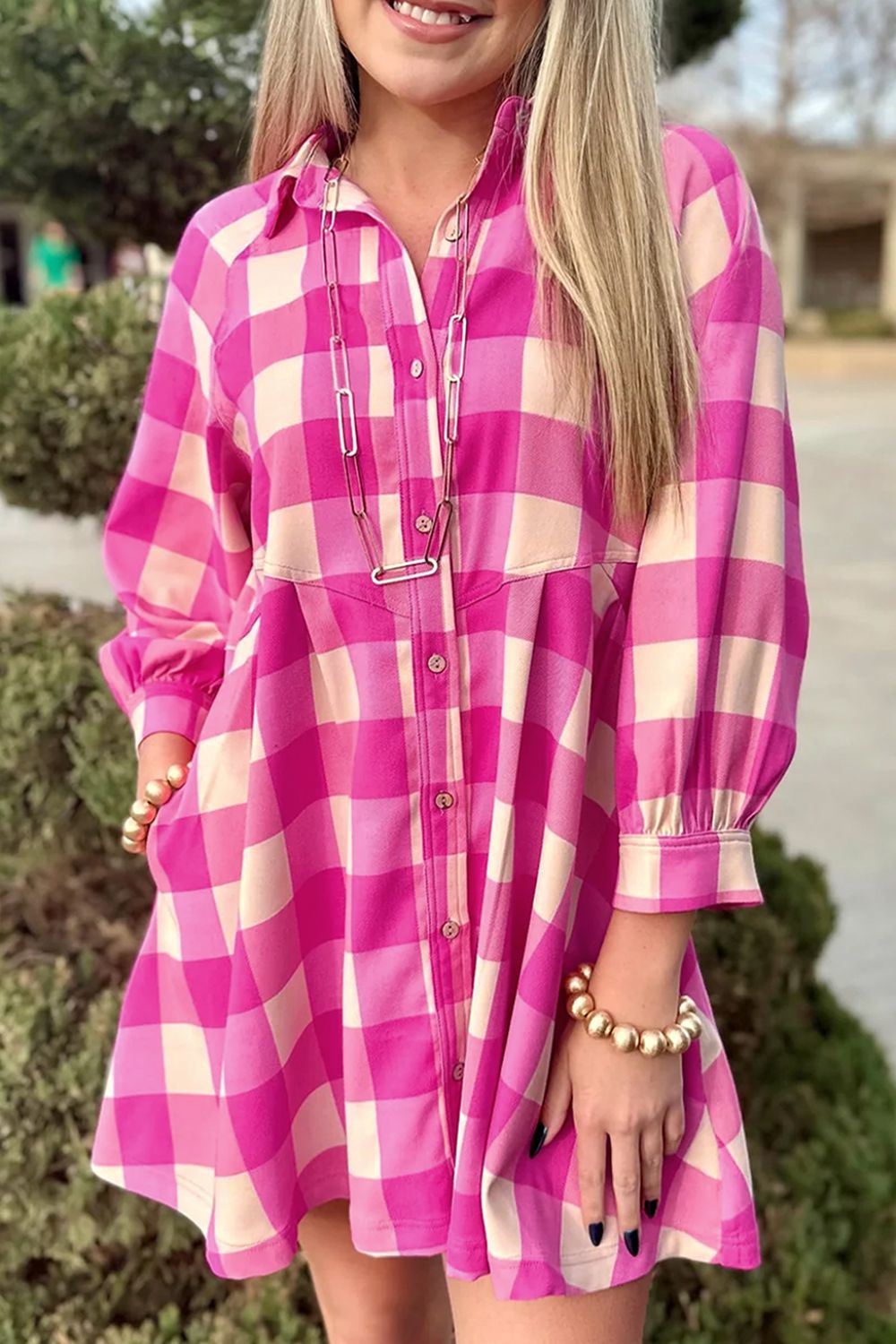 Ruched Plaid Three-Quarter Sleeve Shirt Dress - Charming Charlie