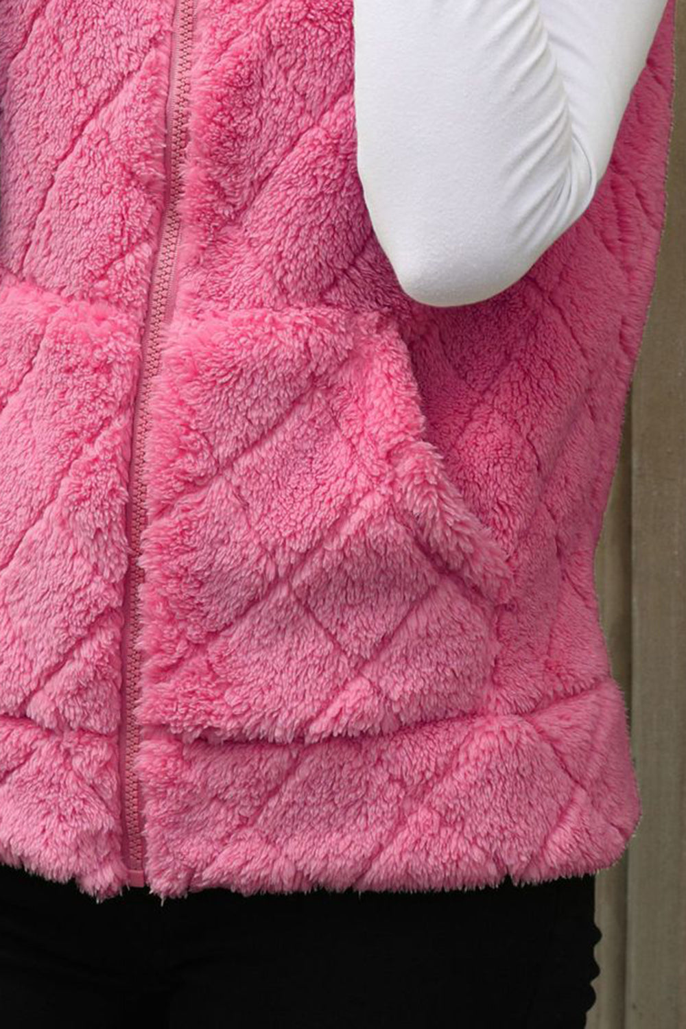 Fuzzy Plaid Texture Zip Up Vest Coat - Charming Charlie