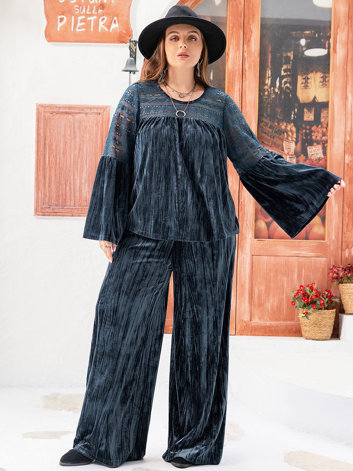 Plus Size Round Neck Flare Sleeve Top and Pants Set - Charming Charlie