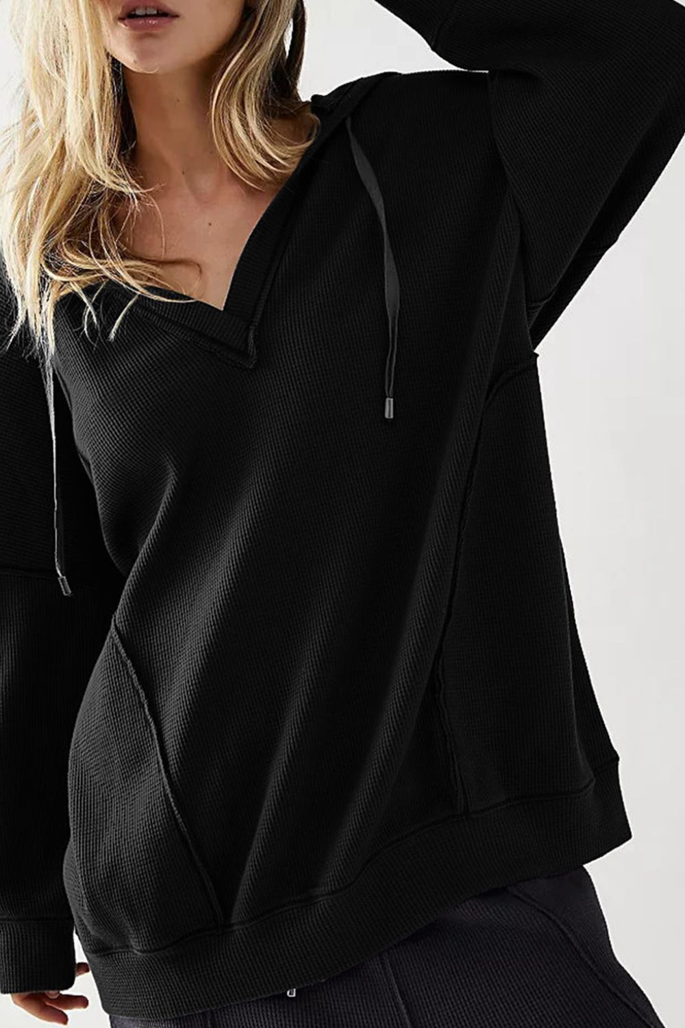 Exposed Seam Drawstring Long Sleeve Hoodie - Charming Charlie