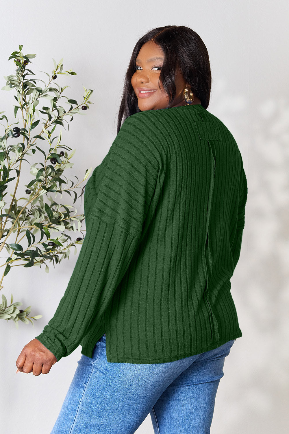 Basic Bae Full Size Ribbed Round Neck Slit Knit Top - Charming Charlie
