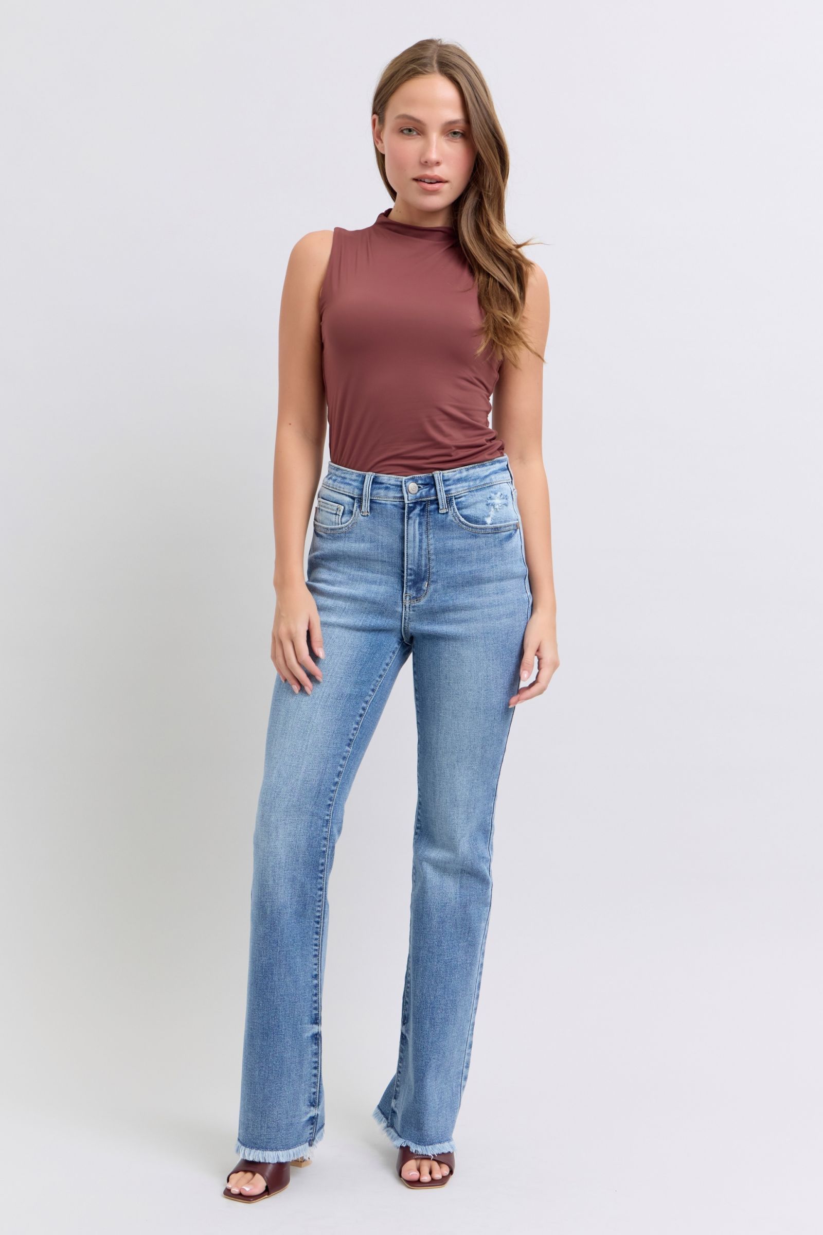 Judy Blue Full Size Raw Hem High Rise Bootcut Jeans - Charming Charlie