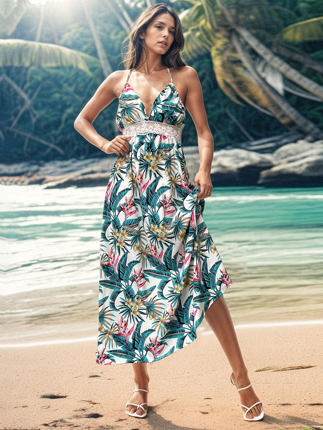 Lace Detail Printed Halter Neck Midi Cami Dress - Charming Charlie