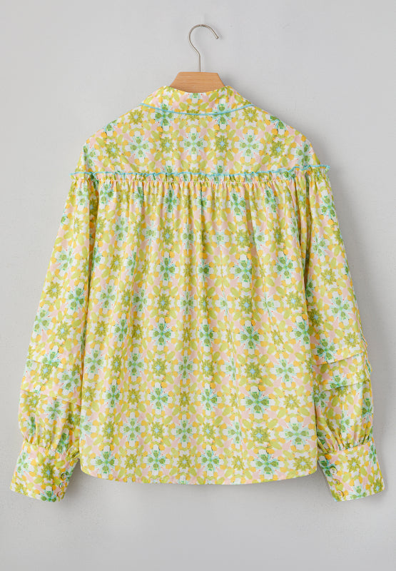 Frill Printed Collared Neck Long Sleeve Blouse - Charming Charlie