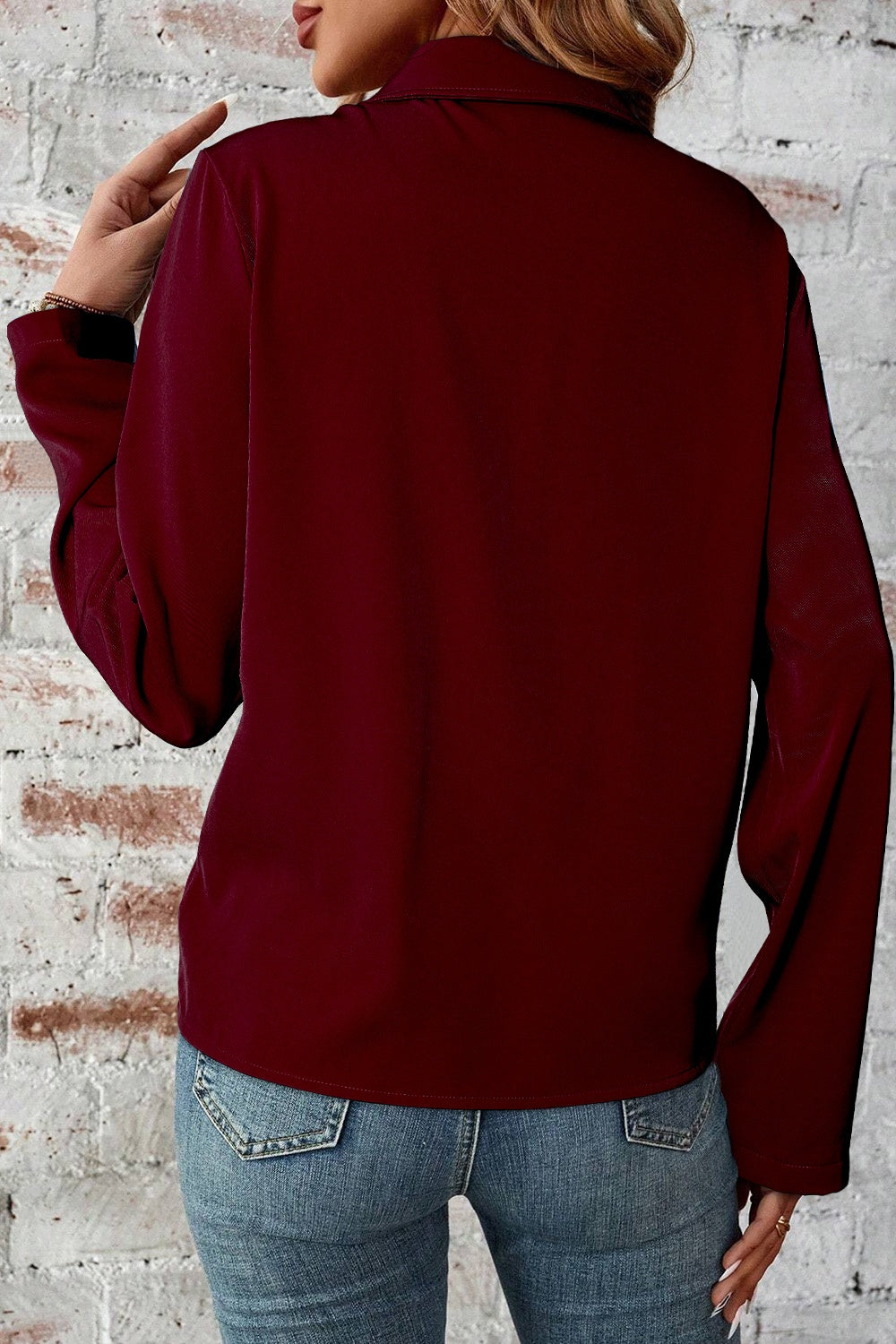 Pocketed Zip Up Collared Neck Long Sleeve Jacket - Charming Charlie