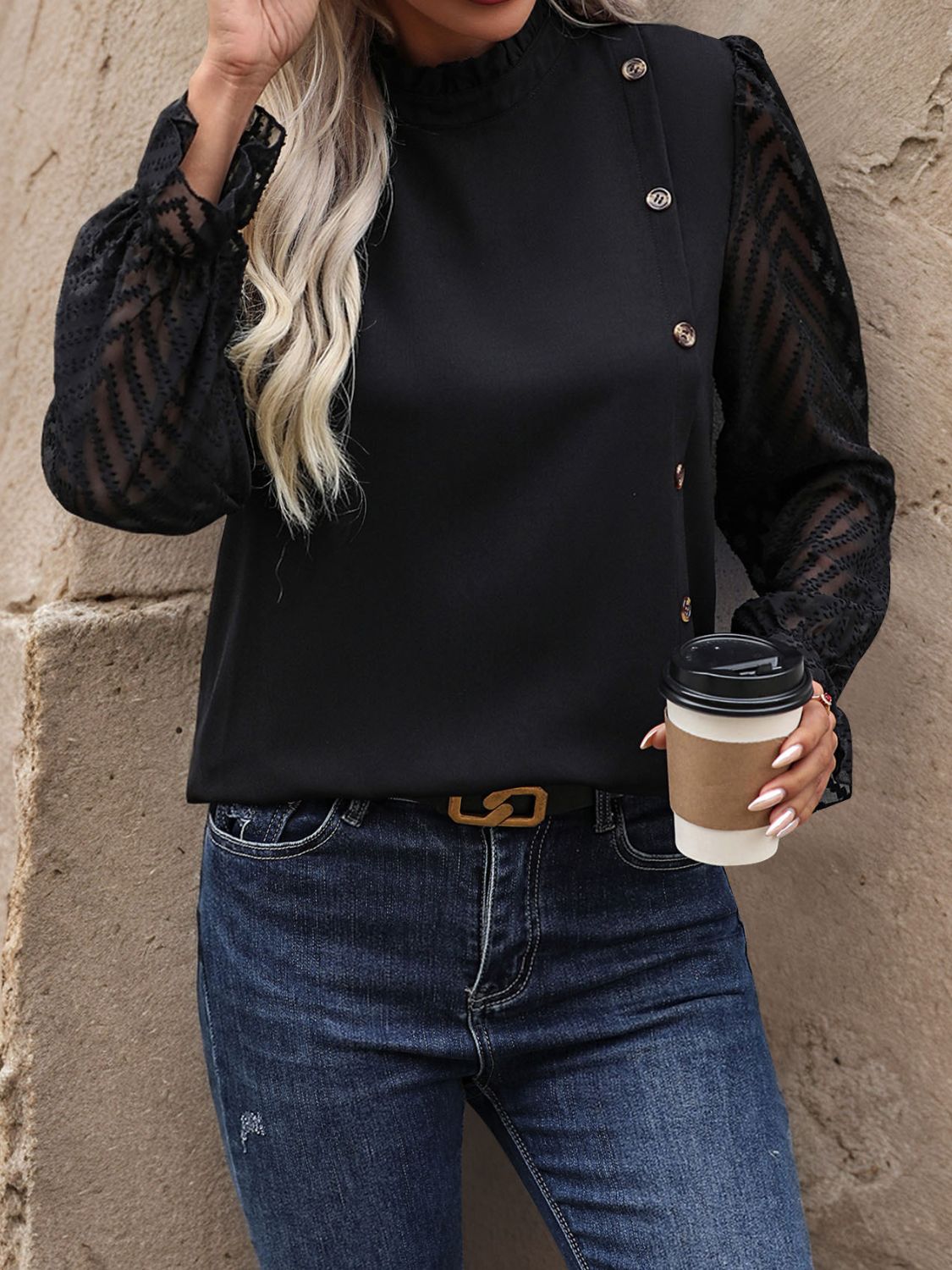 Mock Neck Flounce Sleeve Blouse - Charming Charlie