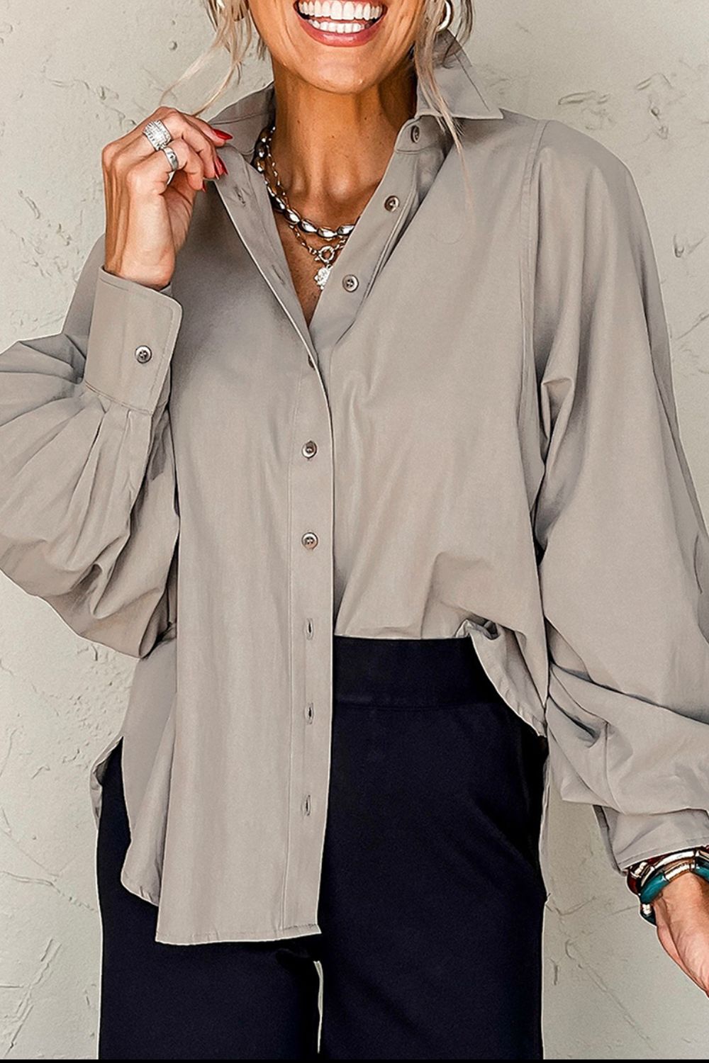 Button Down Collared Neck Long Sleeve Shirt - Charming Charlie
