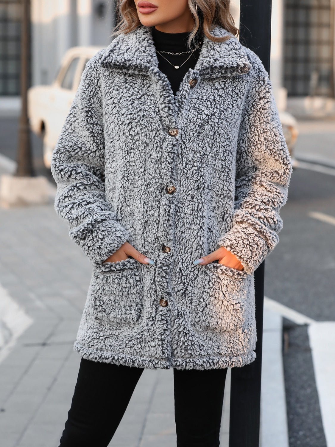 Pocketed Collared Neck Long Sleeve Plush Jacket - Charming Charlie