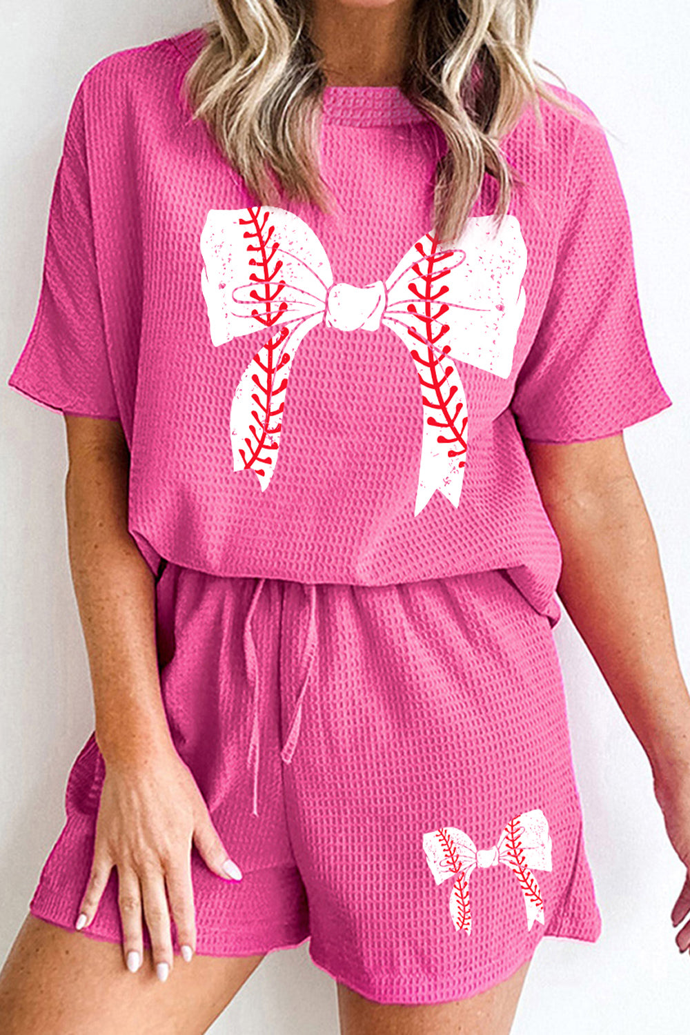 Waffle-Knit Bow Round Neck Top and Shorts Set - Charming Charlie