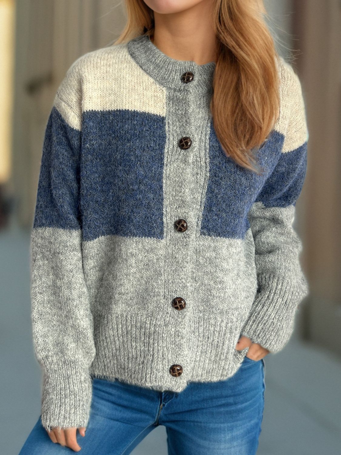 Color Block Round Neck Button Up Cardigan - Charming Charlie