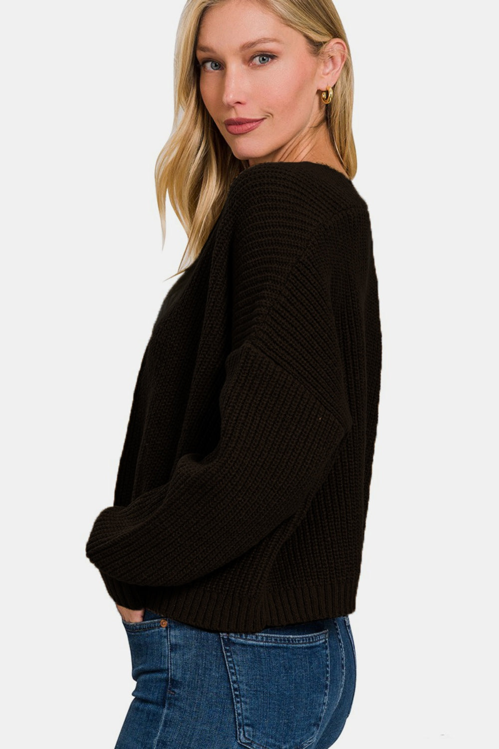 Zenana Open Front Drop Shoulder Sweater Cardigan - Charming Charlie