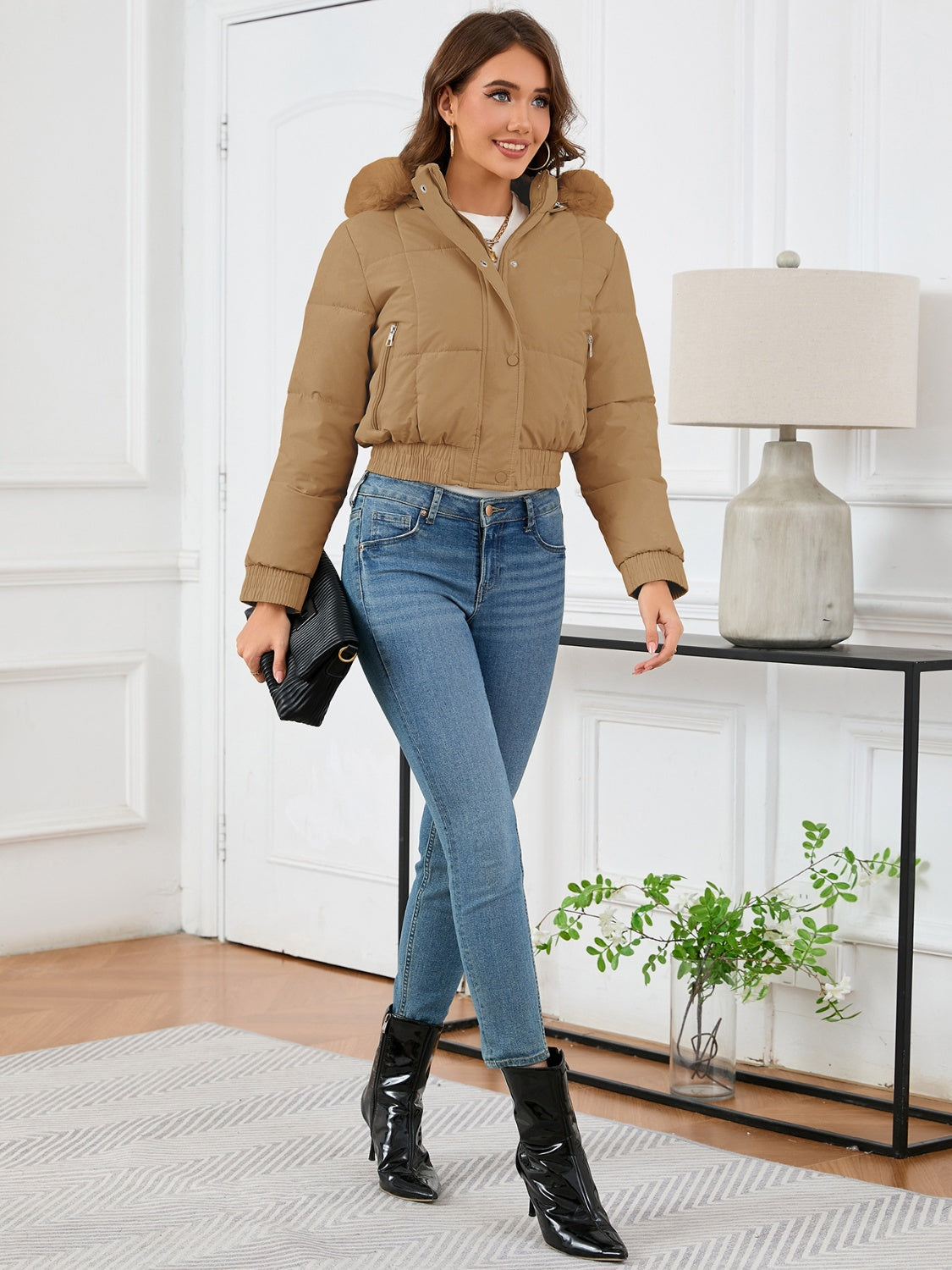 Pocketed Long Sleeve Cropped Hooded Winter Coat - Charming Charlie