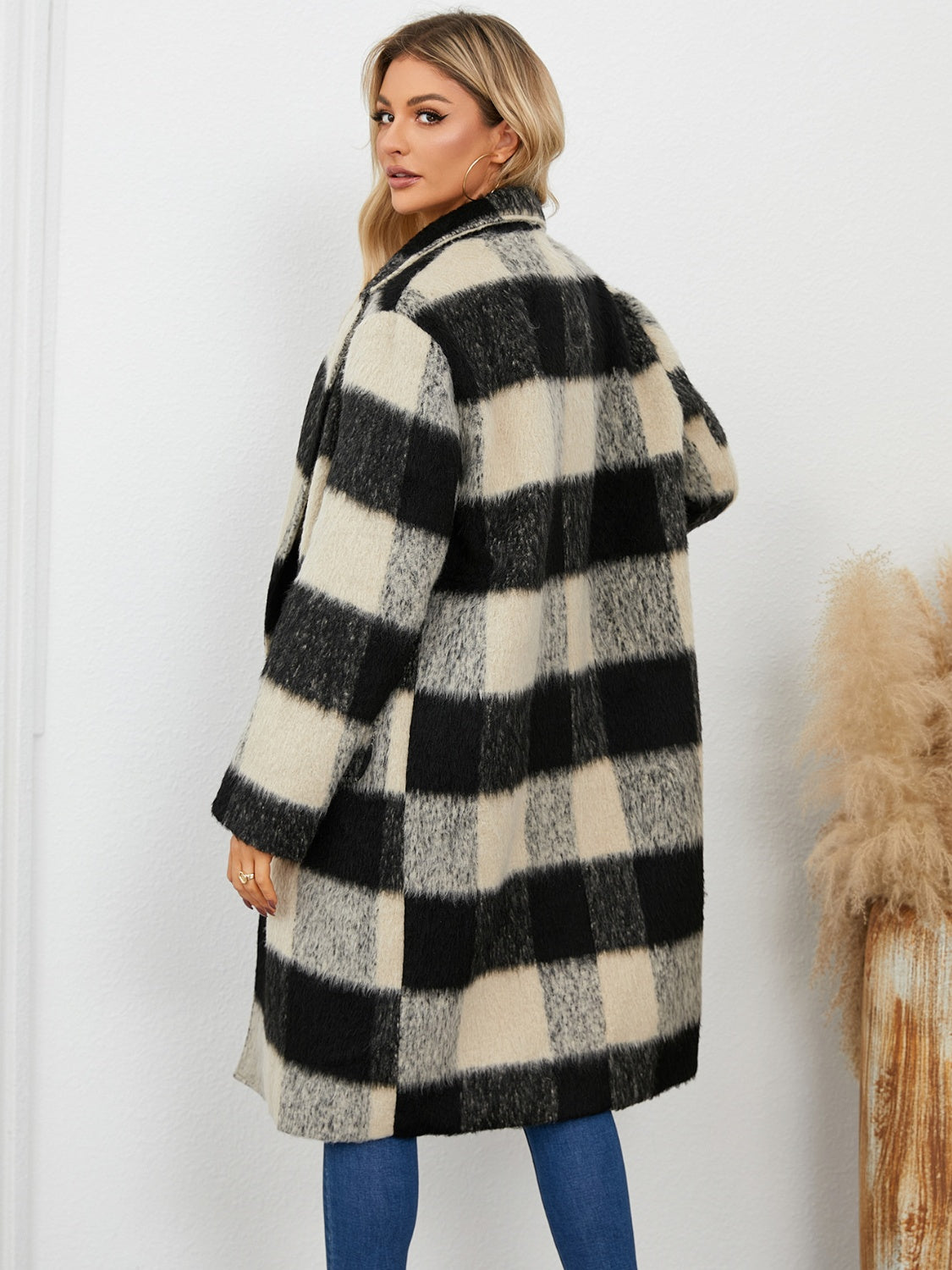 Plaid Double-Breasted Long Sleeve Coat - Charming Charlie