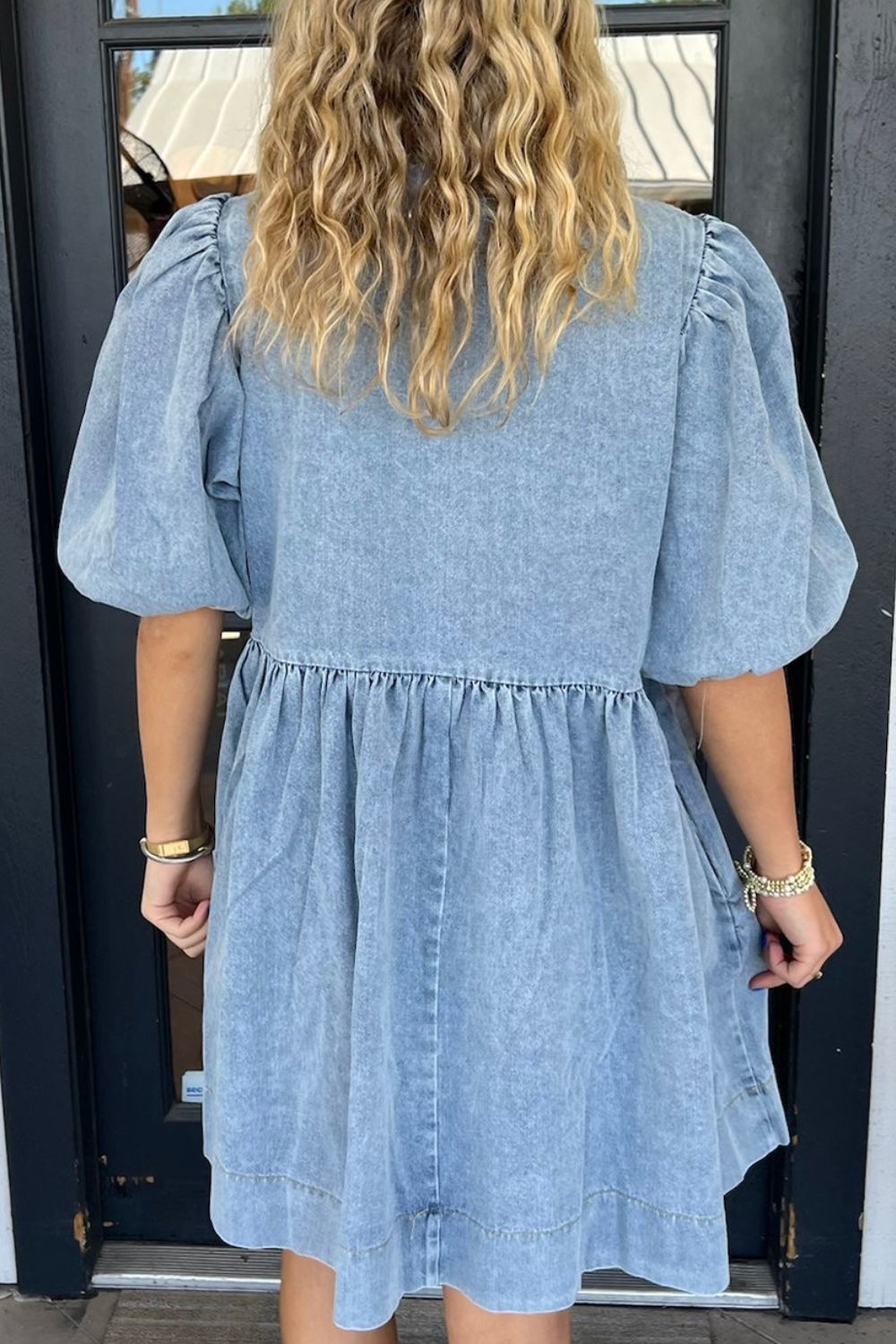 Bowknot Round Neck Half Sleeve Denim Dress - Charming Charlie