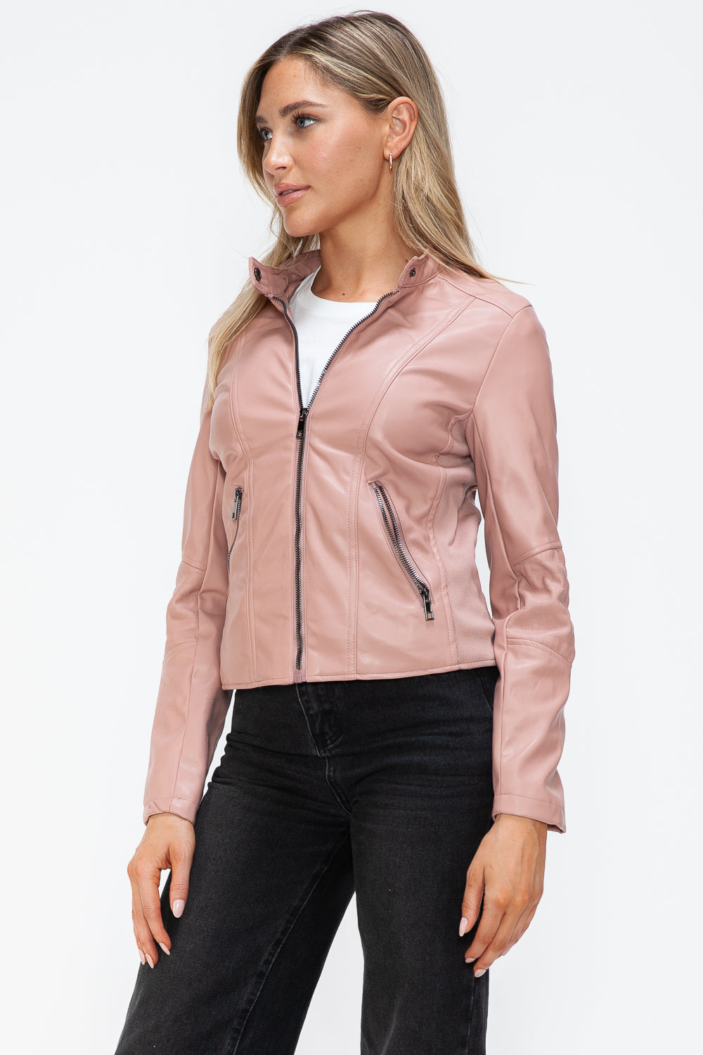 Snobbish Faux Leather Zip Up Drawstring Hooded Jacket - Charming Charlie