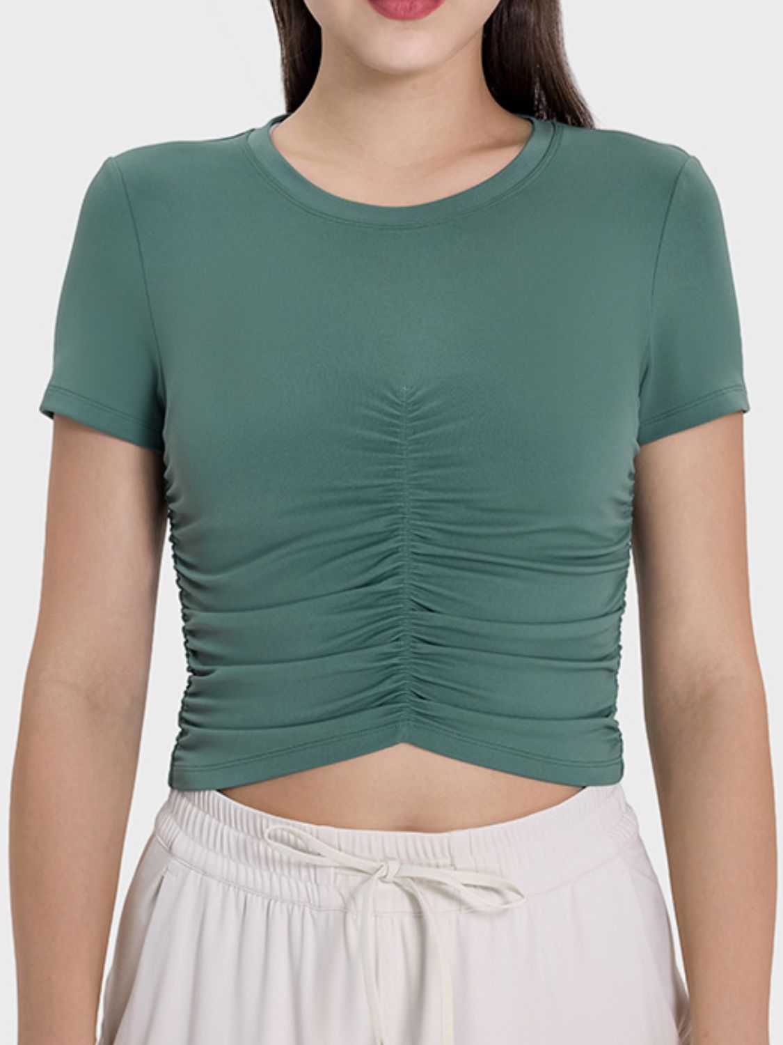 Ruched Round Neck Short Sleeve Active T-Shirt - Charming Charlie