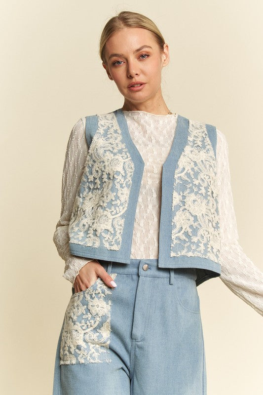 Davi & Dani Lace Patch Open Front Denim Vest - Charming Charlie