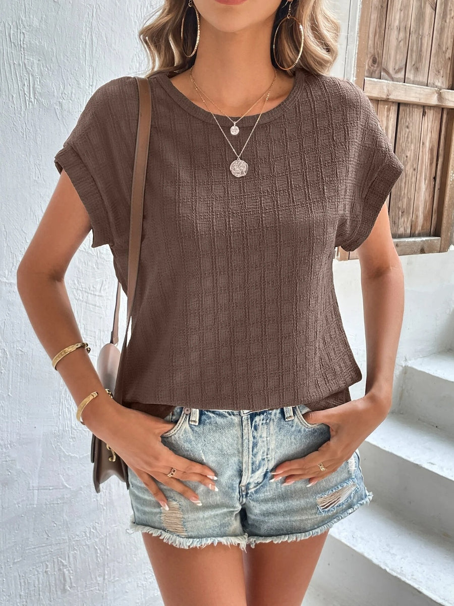 Texture Round Neck Short Sleeve Top and Pants Set